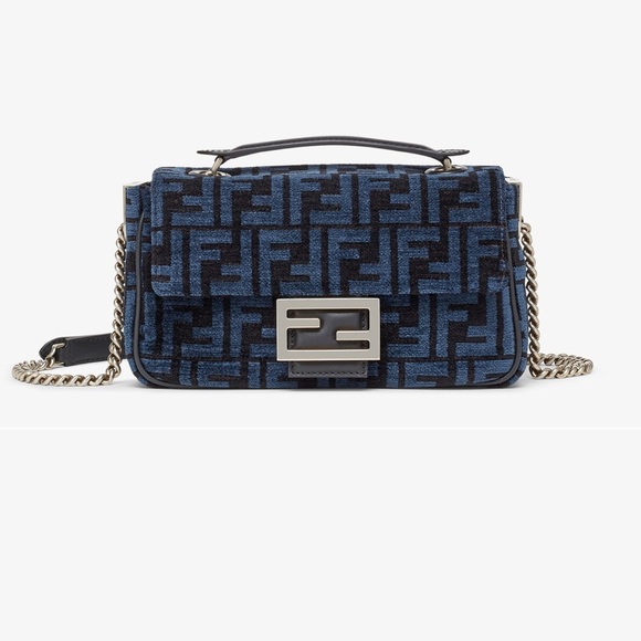 NEW Fendi Baguette Chain Midi Dark blue black FF tapestry bag silver hardware - Picture 3 of 15